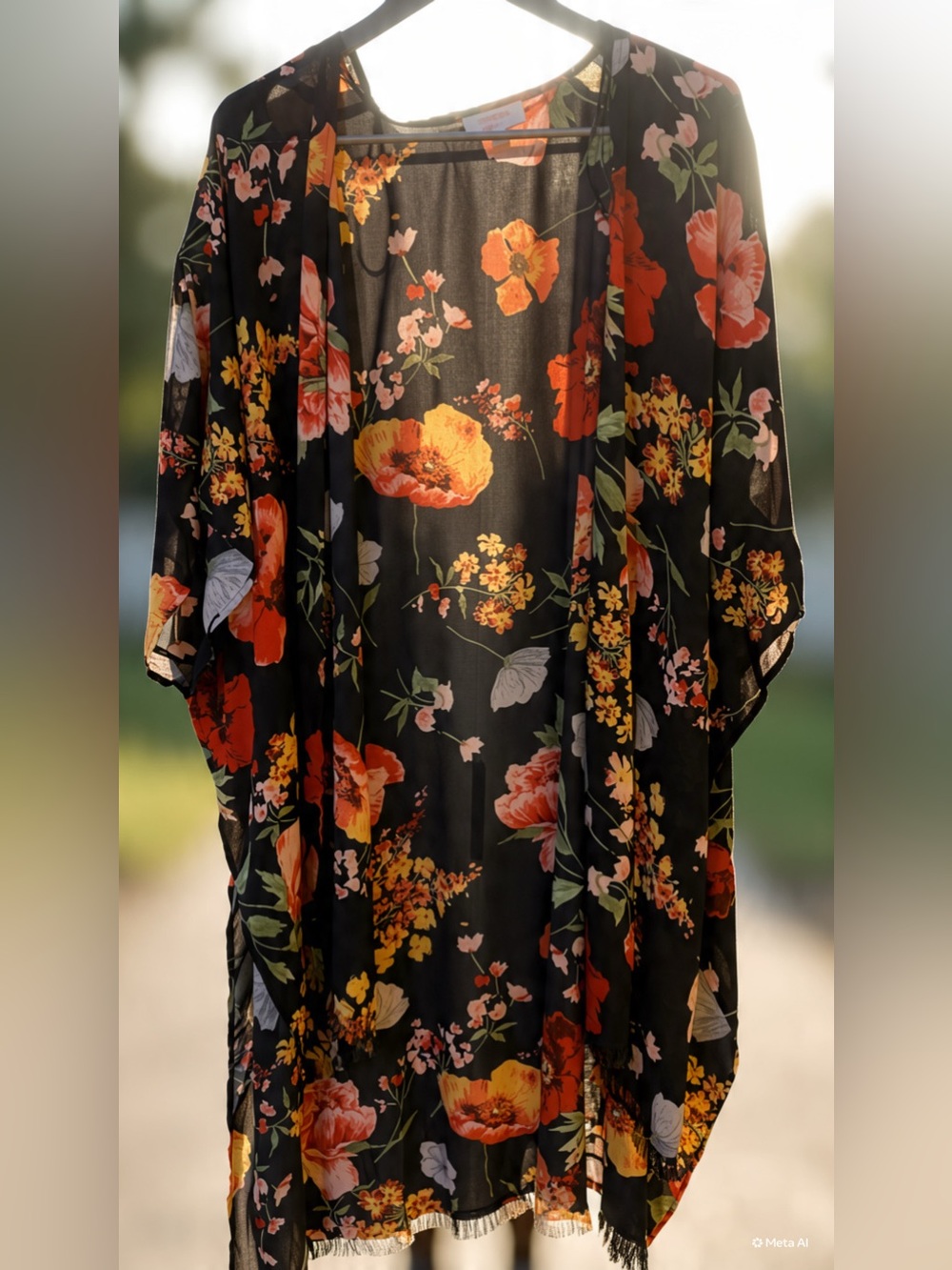 Umgee Black Floral Kimono with Red and Yellow Flowers